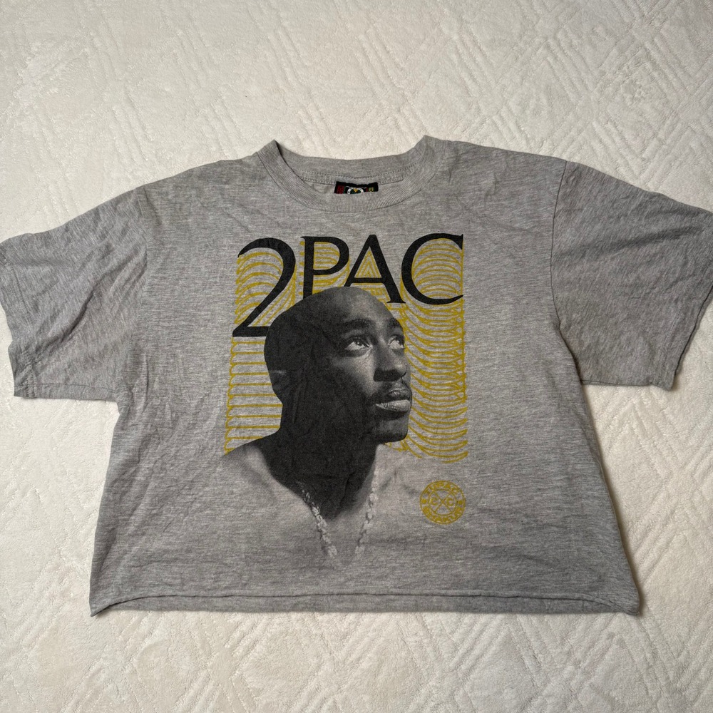 Hip Hop Streetwear Cross Colours x Tupac 2Pac Crop Graphic Tee Gray M